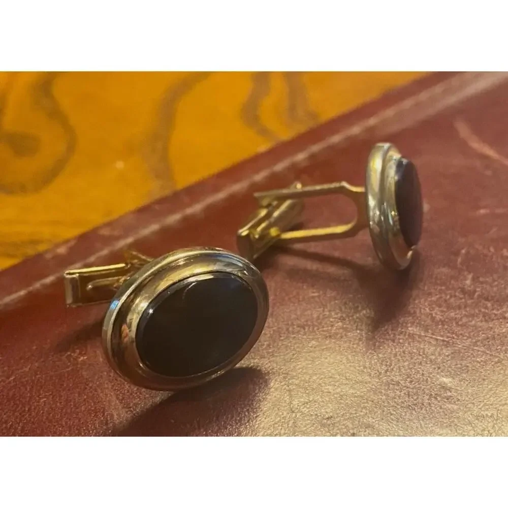 VTG Men's Sarah Coventry Cufflinks, Gold Tone with Black Accents